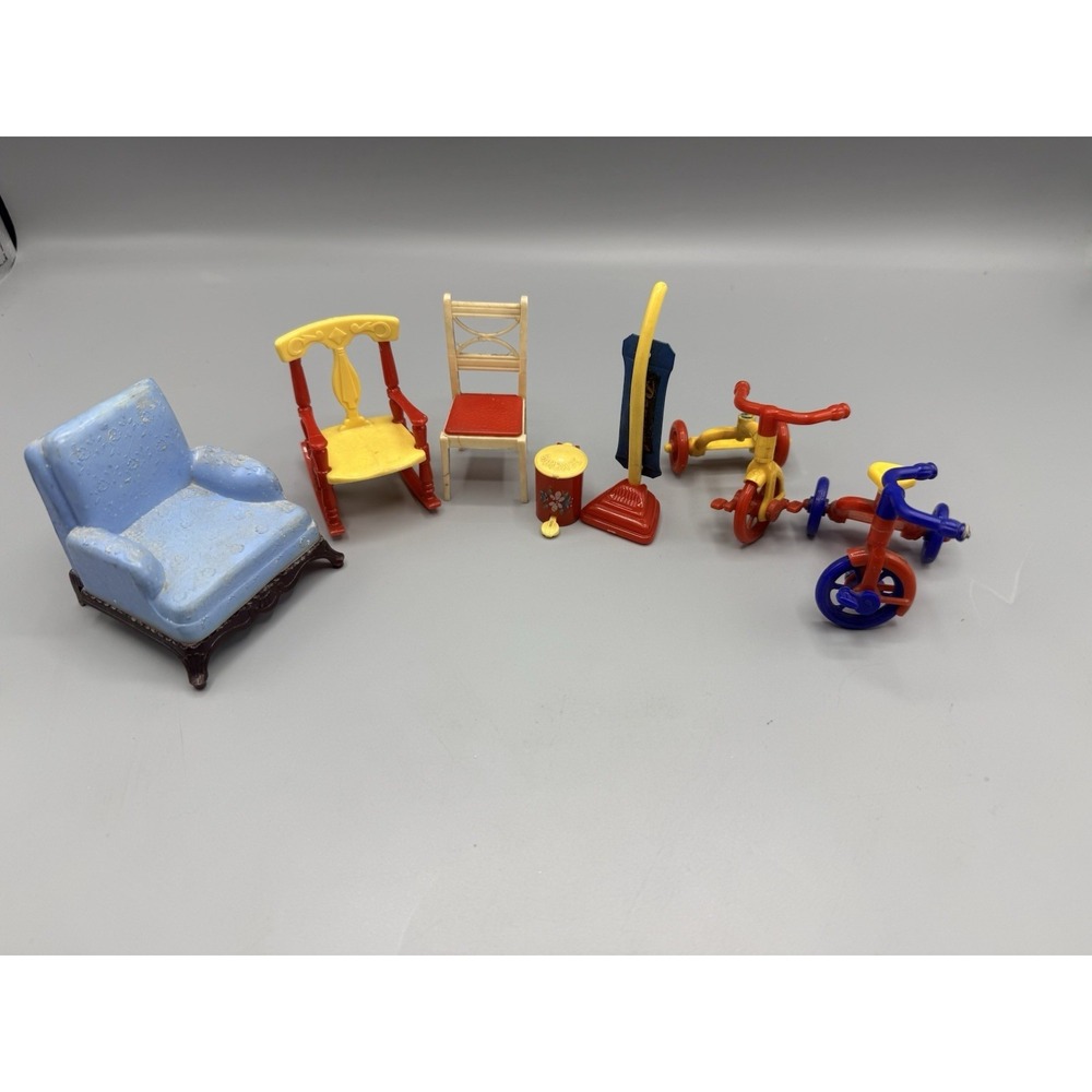 Vintage Renwal Plastic Doll House Furniture 7pc Tricycle  Garbage Vacuum 3 Chair